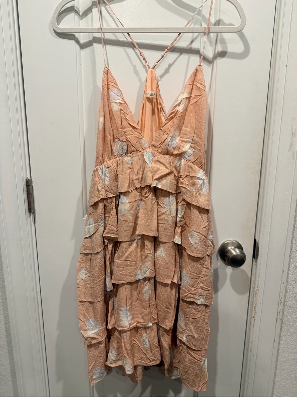 Illa Illa Tiered Ruffle Floral Swiss Dot Mini Dress Peach Size Large